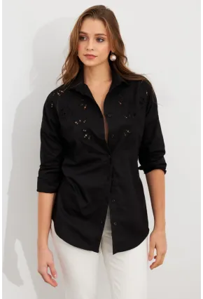 Kadın Siyah Nakışlı Gömlek DAF5017