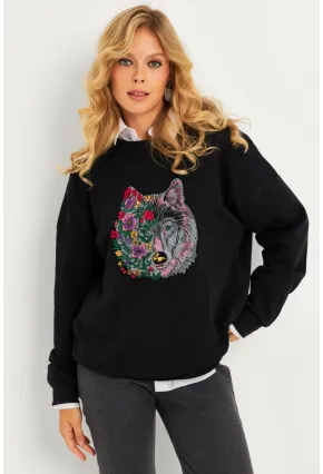 Kadın Siyah Nakışlı Sweatshirt YLE20