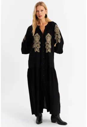 Kadın Siyah Nakışlı Volanlı Maxi Elbise MALO7