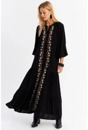 Kadın Siyah Nakışlı Volanlı Maxi Elbise MALO8