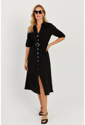 Kadın Siyah Nubuk Midi Gömlek Elbise KED4023