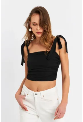 Kadın Siyah Omuz Bağlamalı Crop Bluz B5023-90