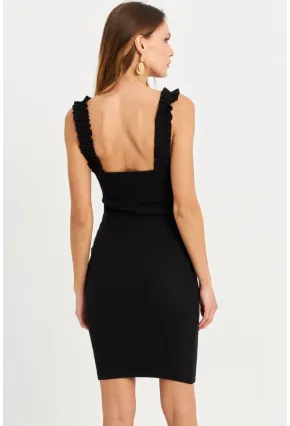 Kadın Siyah Omuz Bantlı Kaşkorse Mini Elbise URO203