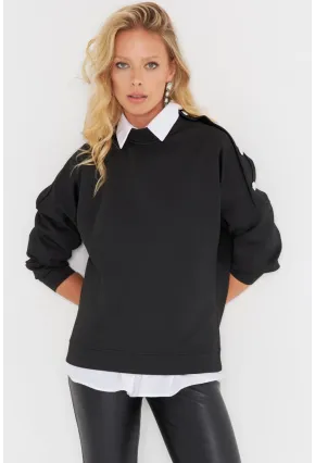 Kadın Siyah Omuz Taşlı Dalgıç Sweatshirt ST824