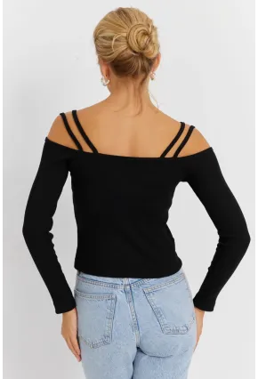 Kadın Siyah Omuzları Açık Kaşkorse Bluz EY2889