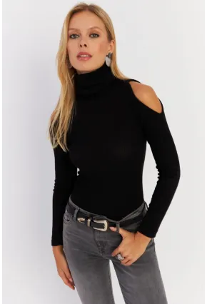 Kadın Siyah Omuzları Açık Kaşkorse Bluz HOR04