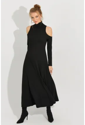 Kadın Siyah Omuzları Açık Maxi Elbise BK1712