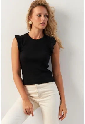 Kadın Siyah Omuzları Fırfırlı Bluz MK23