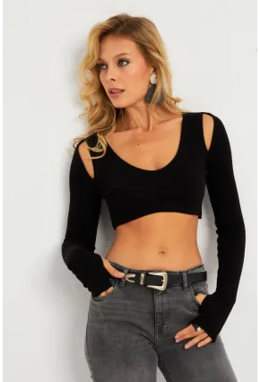 Kadın Siyah Omuzları Pencereli Kaşkorse Crop Bluz B5024
