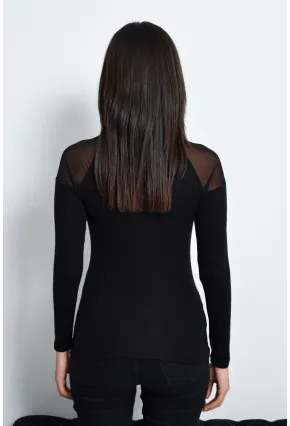 Kadın Siyah Omuzları Tül Bluz TZ2075