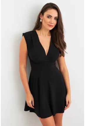 Kadın Siyah Omuzları Vatkalı Kruvaze Mini Elbise ELT3678
