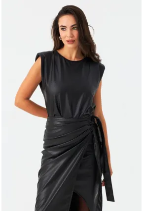 Kadın Siyah Omuzları Vatkalı Suni Deri Bluz TF42