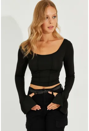 Kadın Siyah Ön Arka U Crop Bluz CG302