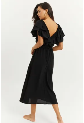Kadın Siyah Ön Arka V Volanlı Elbise KS113