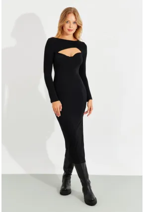 Kadın Siyah Önü Açık Yırtmaçlı Midi Elbise B225