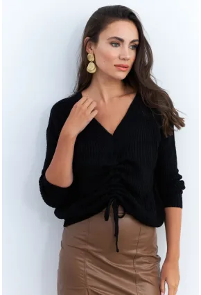 Kadın Siyah Önü Arka V Önü Büzgülü Kazak KAZ29