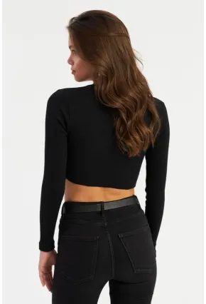 Kadın Siyah Önü Bağlamalı Kaşkorse Crop Bluz AYD381