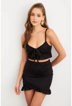 Kadın Siyah Önü Bağlamalı Mini Etekli Takım LİT1088