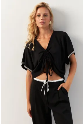 Kadın Siyah Önü Büzgülü Bluz XL2039