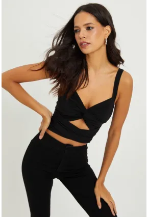 Kadın Siyah Önü Büzgülü Crop Bluz B189