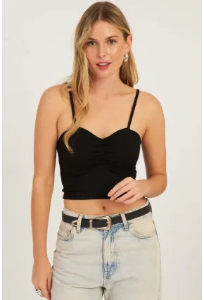 Kadın Siyah Önü Büzgülü Crop Bluz CG339