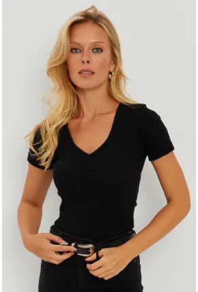 Kadın Siyah Önü Büzgülü V Yaka Bluz AYD309
