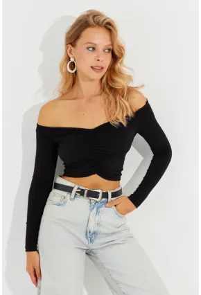 Kadın Siyah Önü Büzgülü V Yaka Crop Bluz B1977
