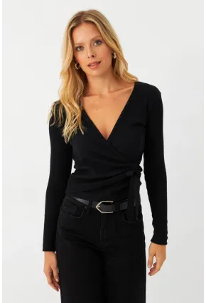 Kadın Siyah Önü Büzülebilir Kruvaze Kaşkorse Bluz EY2998