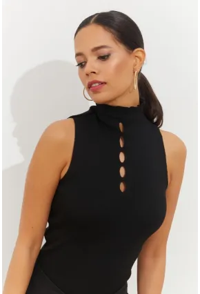 Kadın Siyah Önü Damla Kolsuz Triko Bluz YV112