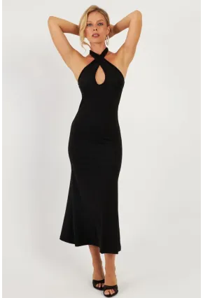 Kadın Siyah Önü Damla Midi Elbise EY2847