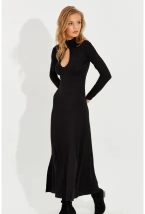 Kadın Siyah Önü Damla Yırtmaçlı Midi Elbise EY2575