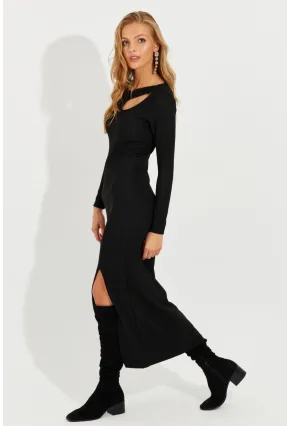Kadın Siyah Önü Damla Yırtmaçlı Midi Elbise RMZ1002
