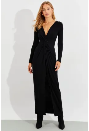 Kadın Siyah Önü Düğümlü Maxi Elbise BK1708