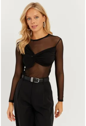 Kadın Siyah Önü Düğümlü Tül Bluz KS118