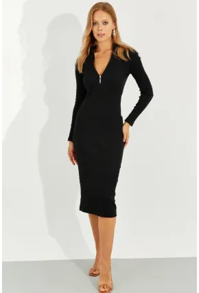 Kadın Siyah Önü Fermuarlı Kaşkorse Midi Elbise EY2547