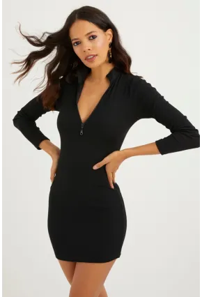 Kadın Siyah Önü Fermuarlı Kaşkorse Mini Elbise CG212