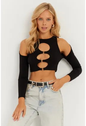 Kadın Siyah Önü Halkalı Crop Bluz MEN2038