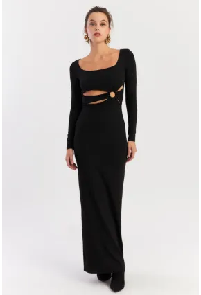Kadın Siyah Önü Halkalı Maxi Yılbaşı Elbise DCF089