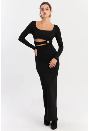 Kadın Siyah Önü Halkalı Maxi Yılbaşı Elbise DCF089