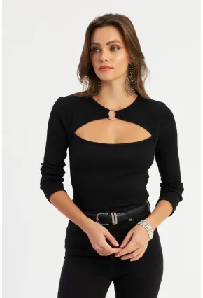 Kadın Siyah Önü Halkalı Pencereli Kaşkorse Bluz AYD382
