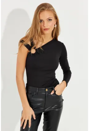 Kadın Siyah Önü Halkalı Tek Omuz Bluz EY2580