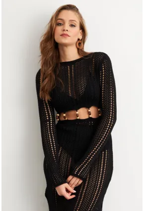 Kadın Siyah Önü Pencereli Ajurlu Plaj Elbisesi Kz545