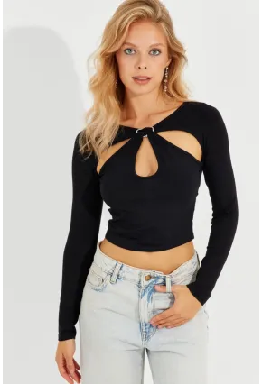 Kadın Siyah Önü Pencereli Bluz B1933