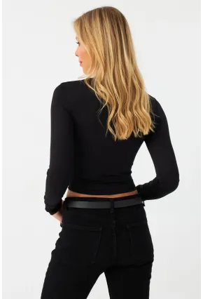 Kadın Siyah Önü Pencereli Crop Bluz AYD393