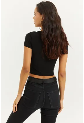 Kadın Siyah Önü Pencereli Crop Bluz ELT2670