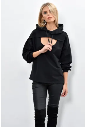 Kadın Siyah Önü Pencereli Kapüşonlu Sweatshirt Yİ1669