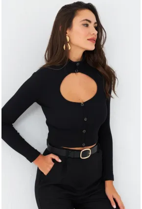 Kadın Siyah Önü Pencereli Kaşkorse Bluz EY2973