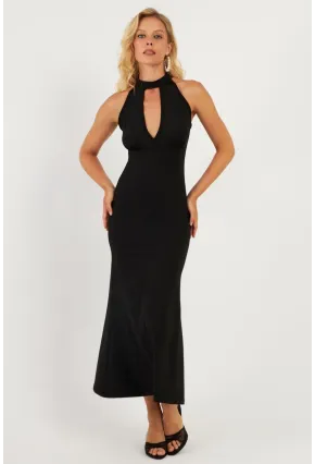 Kadın Siyah Önü Pencereli Midi Elbise EY2849