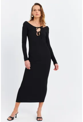 Kadın Siyah Önü Pencereli Midi  Elbise ZH09