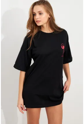 Kadın Siyah Oversize Pijama T-Shirt TPG14